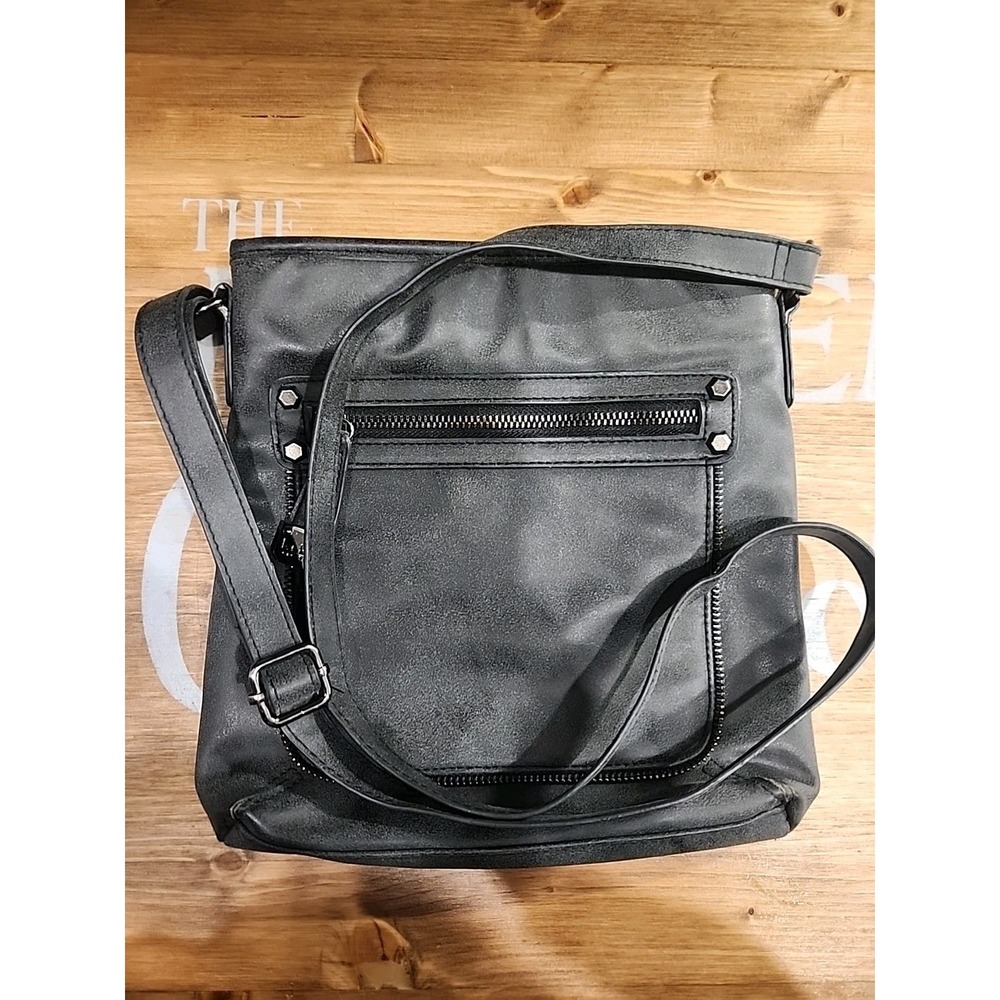 Nicole Miller Leather Crossbody Purse Bag Dark Gray Zip 10x9x2 Inches